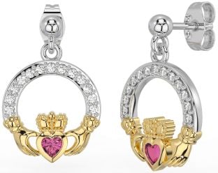Diamond Pink Tourmaline Gold Silver Claddagh Dangle Earrings