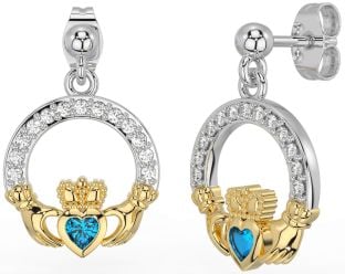 Diamond Topaz Gold Silver Claddagh Dangle Earrings