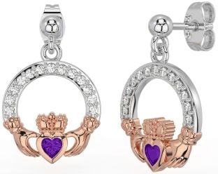 Diamond Amethyst White Rose Gold Claddagh Dangle Earrings