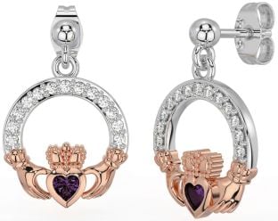 Diamond Alexandrite White Rose Gold Claddagh Dangle Earrings