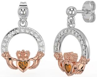 Diamond Citrine White Rose Gold Claddagh Dangle Earrings