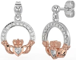 Diamond White Rose Gold Claddagh Dangle Earrings
