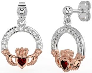 Diamante Granato Bianco Rosa Oro Claddagh Penzolare Orecchini