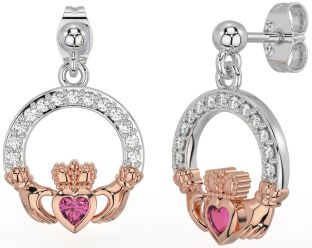 Diamond Pink Tourmaline White Rose Gold Claddagh Dangle Earrings