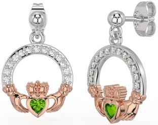 Diamond Peridot White Rose Gold Claddagh Dangle Earrings