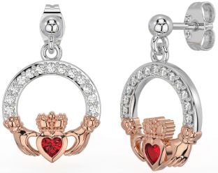 Diamond Ruby White Rose Gold Claddagh Dangle Earrings