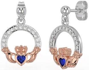 Diamond Sapphire White Rose Gold Claddagh Dangle Earrings