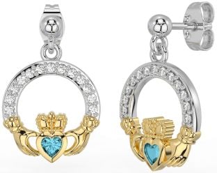 Diamond Aquamarine White Yellow Gold Claddagh Dangle Earrings