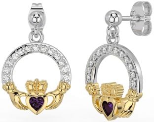 Diamond Alexandrite White Yellow Gold Claddagh Dangle Earrings