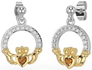 Diamond Citrine White Yellow Gold Claddagh Dangle Earrings