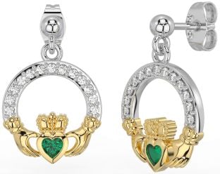 Diamond Emerald White Yellow Gold Claddagh Dangle Earrings