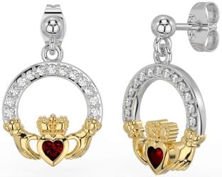 Diamond Garnet White Yellow Gold Claddagh Dangle Earrings