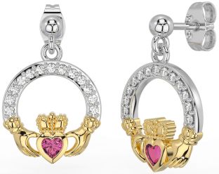 Diamond Pink Tourmaline White Yellow Gold Claddagh Dangle Earrings