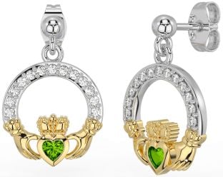 Diamond Peridot White Yellow Gold Claddagh Dangle Earrings