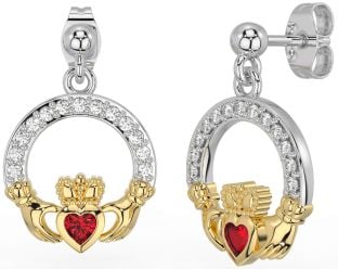 Diamond Ruby White Yellow Gold Claddagh Dangle Earrings