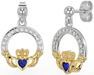 Diamond Sapphire White Yellow Gold Claddagh Dangle Earrings