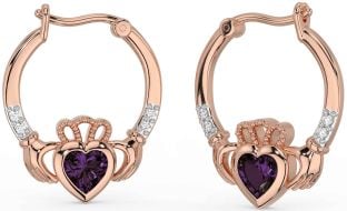 Diamond Alexandrite Rose Gold Silver Claddagh Hoop Earrings