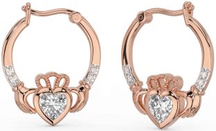 Diamond Rose Gold Silver Claddagh Hoop Earrings