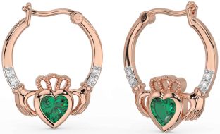 Diamond Emerald Rose Gold Silver Claddagh Hoop Earrings