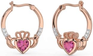 Diamant Rose Tourmalines Rose Or Argent Claddagh Cerceau Des boucles d'oreilles