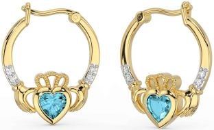 Diamond Aquamarine Gold Silver Claddagh Hoop Earrings