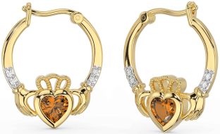 Diamond Citrine Gold Silver Claddagh Hoop Earrings