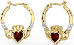 Diamond Garnet Gold Silver Claddagh Hoop Earrings
