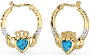 Diamond Topaz Gold Silver Claddagh Hoop Earrings