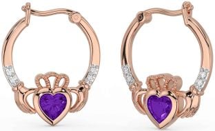 Diamant Améthyste Rose Or Claddagh Cerceau Des boucles d'oreilles