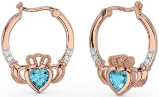Diamond Aquamarine Rose Gold Claddagh Hoop Earrings