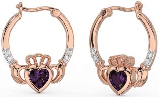 Diamond Alexandrite Rose Gold Claddagh Hoop Earrings