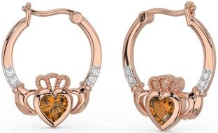 Diamond Citrine Rose Gold Claddagh Hoop Earrings