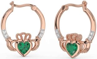 Diamond Emerald Rose Gold Claddagh Hoop Earrings
