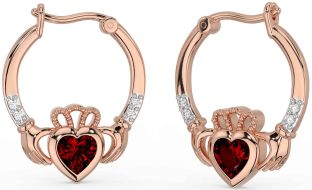 Diamond Garnet Rose Gold Claddagh Hoop Earrings