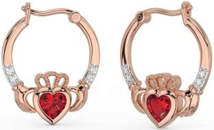 Diamond Ruby Rose Gold Claddagh Hoop Earrings