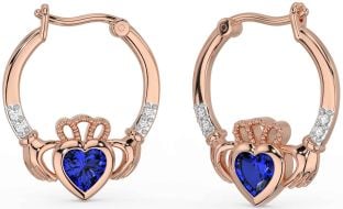 Diamond Sapphire Rose Gold Claddagh Hoop Earrings