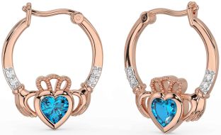 Diamond Topaz Rose Gold Claddagh Hoop Earrings
