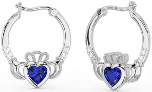 Diamond Sapphire Silver Claddagh Hoop Earrings