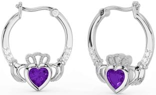 Diamond Amethyst White Gold Claddagh Hoop Earrings