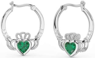 Diamond Emerald White Gold Claddagh Hoop Earrings