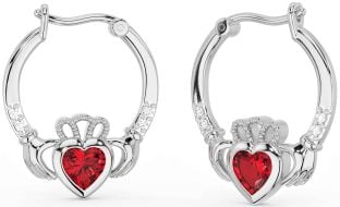 Diamond Ruby White Gold Claddagh Hoop Earrings