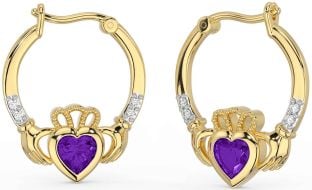 Diamond Amethyst Gold Claddagh Hoop Earrings