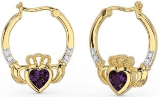 Diamond Alexandrite Gold Claddagh Hoop Earrings