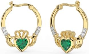 Diamond Emerald Gold Claddagh Hoop Earrings