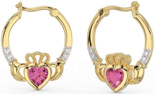 Diamond Pink Tourmaline Gold Claddagh Hoop Earrings