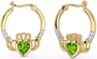 Diamond Peridot Gold Claddagh Hoop Earrings