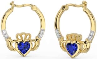 Diamond Sapphire Gold Claddagh Hoop Earrings