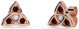 Diamond Garnet Rose Gold Silver Celtic Trinity Knot Stud Earrings