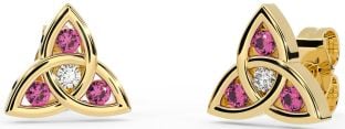 Diamond Pink Tourmaline Gold Silver Celtic Trinity Knot Stud Earrings