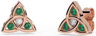 Diamond Emerald Rose Gold Celtic Trinity Knot Stud Earrings